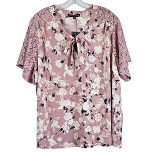 Adrienne Vittadini Pink Floral Blouse Sz 3X Keyhole Tie Lace Sleeves Cottagecore